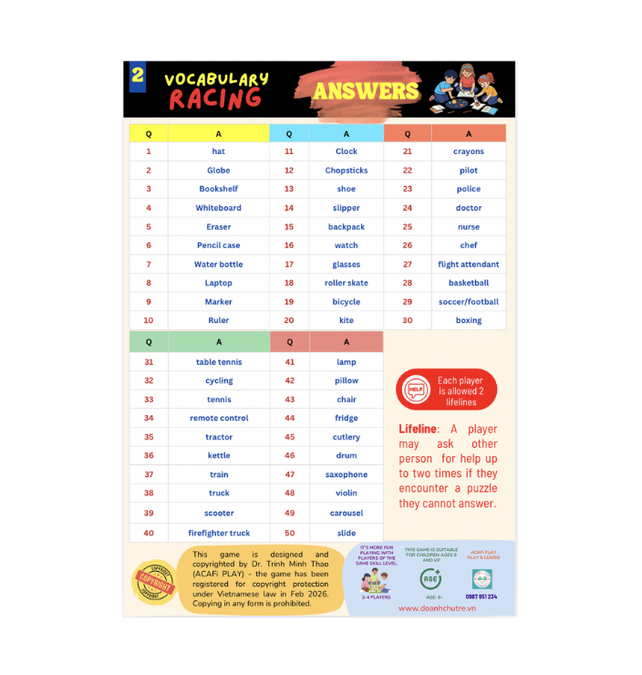 Cờ VOCAB RACING (Level 1: HOME & SCHOOL, 6+ tuổi)